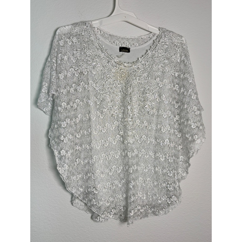 Lavish Maternity White Lace Poncho Top Floral Crochet Scalloped Short Sleeve